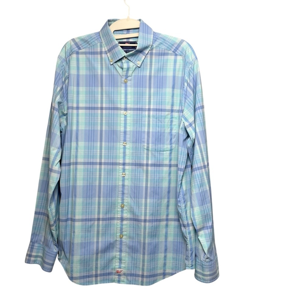 Vineyard Vines Shirt Medium Blue Plaid Classic Fit Murray Performance Fishing